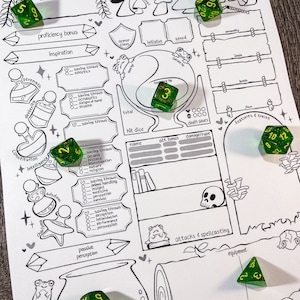May include: A black and white Dungeons & Dragons character sheet with various sections for stats, skills, and abilities. Several green dice are scattered across the sheet, with numbers visible. The sheet has whimsical illustrations of mushrooms and frogs.