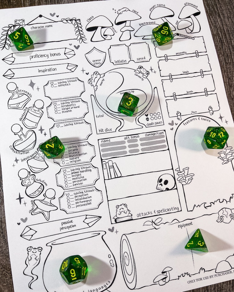 May include: A black and white Dungeons & Dragons character sheet with various sections for stats, skills, and abilities. Several green dice are scattered across the sheet, with numbers visible. The sheet has whimsical illustrations of mushrooms and frogs.