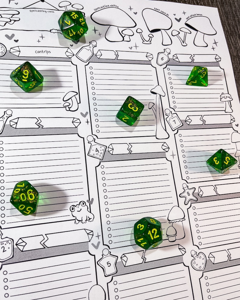 May include: A tabletop role-playing game character sheet with a whimsical mushroom theme. Several green, glittery dice are scattered across the sheet. The sheet includes sections for spellcasting, cantrips, and other game elements. The text includes "spellcasting class" and "spellcasting ability".
