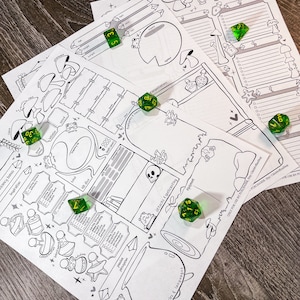 May include: White character sheets with whimsical illustrations and text, scattered on a wooden surface. Several transparent green dice with white numbers are placed on the sheets. The sheets feature drawings of mushrooms, potions, and other fantasy elements.