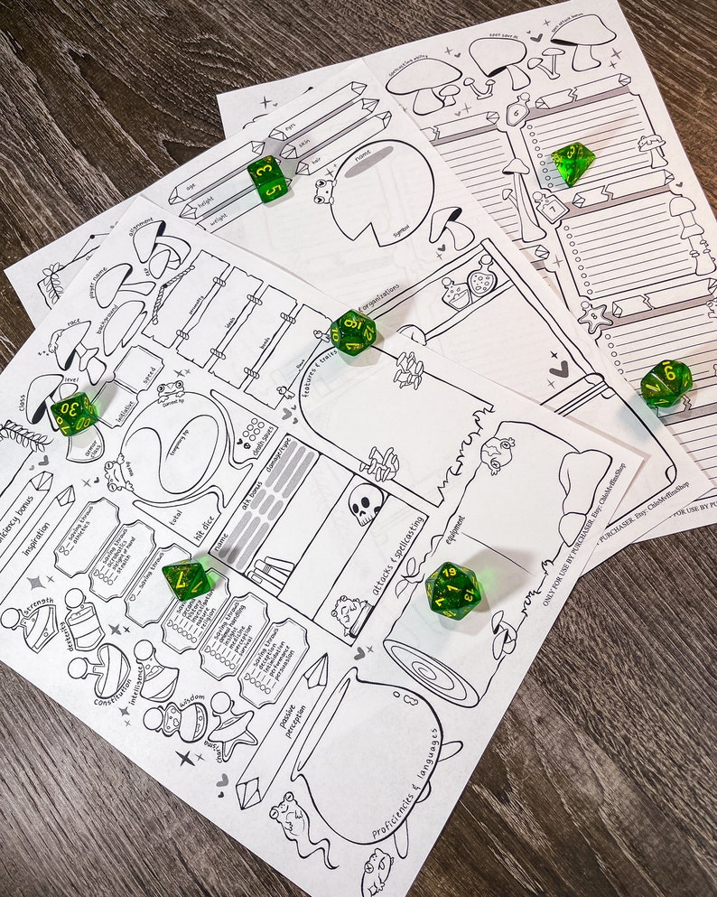 May include: White character sheets with whimsical illustrations and text, scattered on a wooden surface. Several transparent green dice with white numbers are placed on the sheets. The sheets feature drawings of mushrooms, potions, and other fantasy elements.