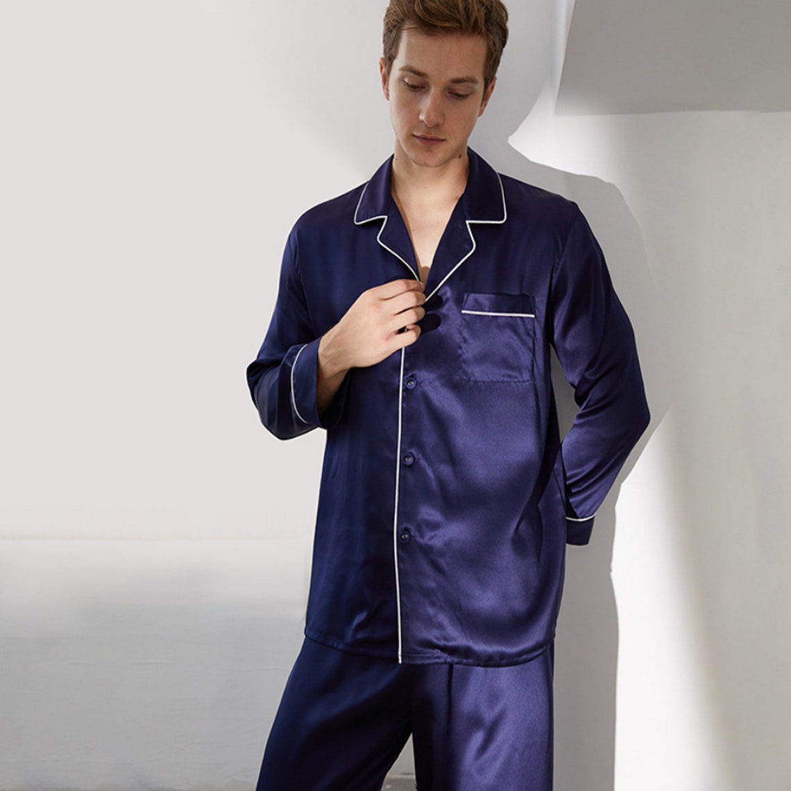 Satin Men's Pajama Set Long Sleeves Shirt Pants | Etsy