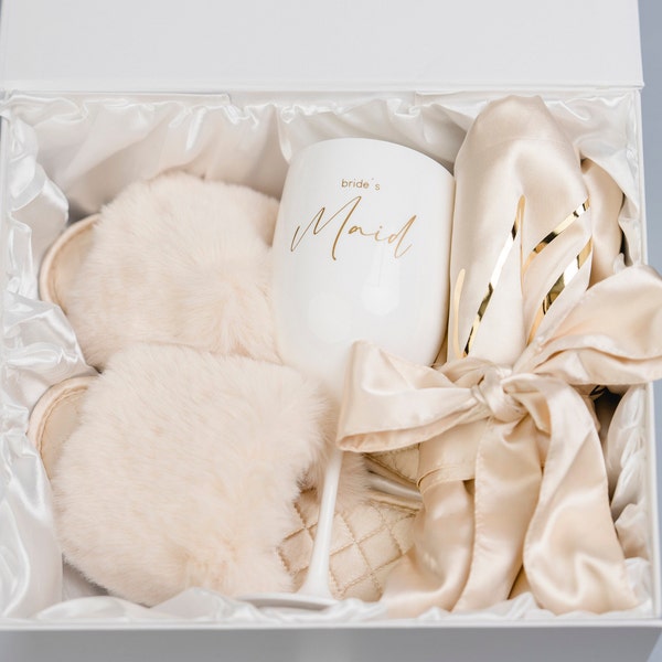 Geschenkbox Bridesmaid champagner, gold - Brautjungfer -  Morgenmantel, Slipper Plüsch, Champagner Glass für Getting Ready - JGA - Hochzeit