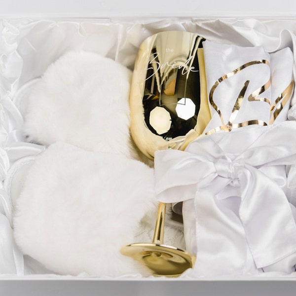 the Bride - gift box - dressing gown, white plush slippers & a champagne glass for getting ready - JGA - wedding - wedding gift