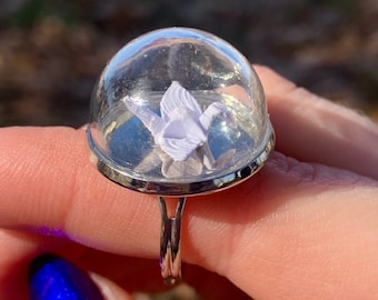 Hand-Folded Origami Crane Ring | Glass Dome Statement Jewelry