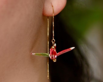 Origami Crane Threader Earrings | 925 Sterling Silver, Gold Plated | Custom Paper Crane Jewelry
