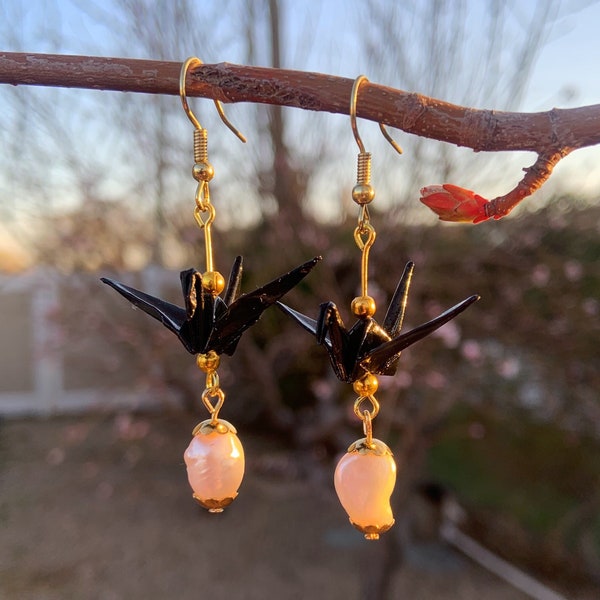 Origami Crane Pearl Dangle Earrings | Customizable Paper Crane Jewelry | Traditional Washi Paper Origami | Custom Mother's Day Gift Idea