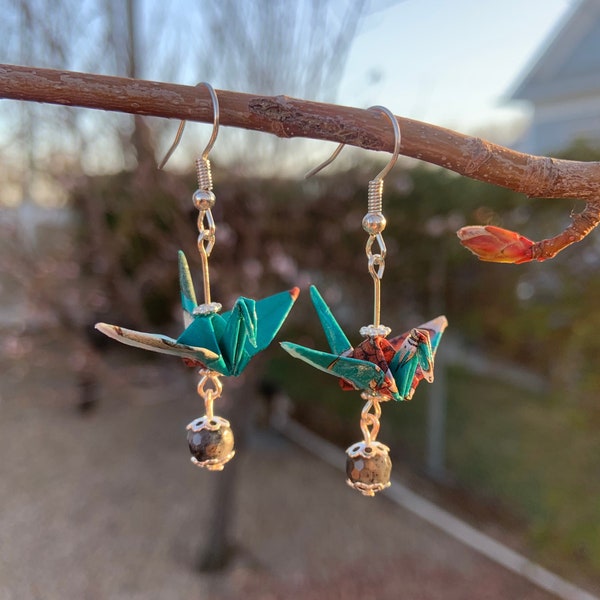 Origami Crane Labradorite Dangle Earrings | Customizable Paper Crane Jewelry | Traditional Washi Paper Origami | Custom Mother's Day Gifts