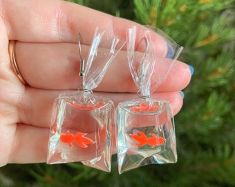 Fish Bag Earrings | Surgical Stainless Steel Hooks, Novelty Pet Fish Jewelry