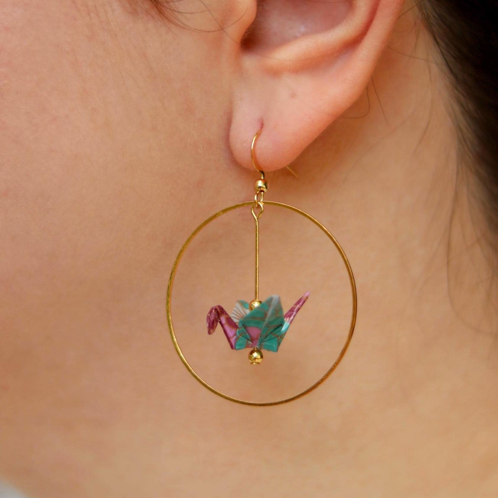 Origami Crane Hoop Dangle Earrings | Customizable Paper Crane