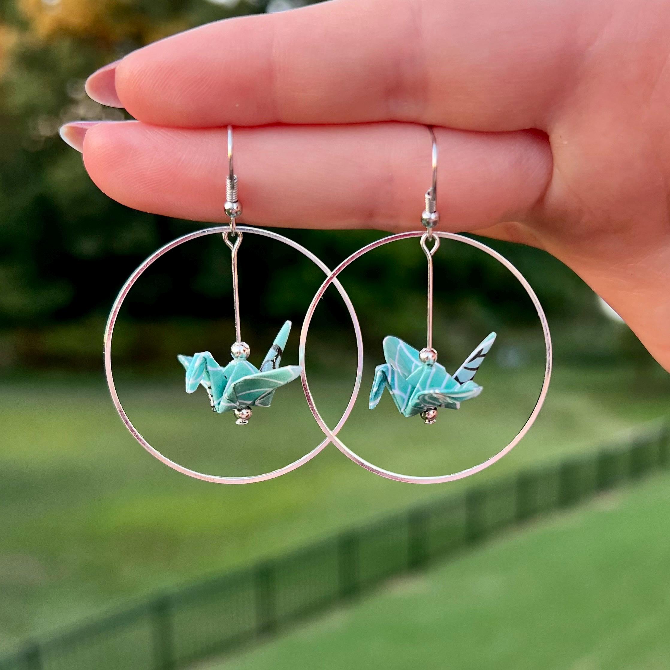 Origami Crane Hoop Dangle Earrings | Customizable Paper Crane