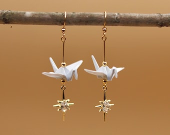 Origami Crane Twinkle Star Dangle Earrings, Stainless Steel Gold Plated | Customizable Paper Crane Jewelry | Custom Gift
