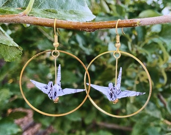 Origami Crane Hoop Dangle Earrings | Customizable Paper Crane Jewelry | Traditional Washi Paper Origami | Custom Mother's Day Gift Ideas