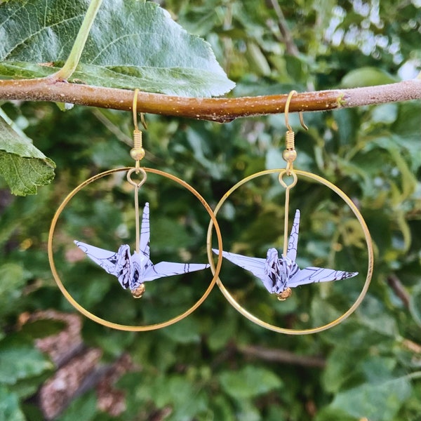 Origami Crane Hoop Dangle Earrings | Customizable Paper Crane Jewelry | Traditional Washi Paper Origami | Custom Mother's Day Gift Ideas