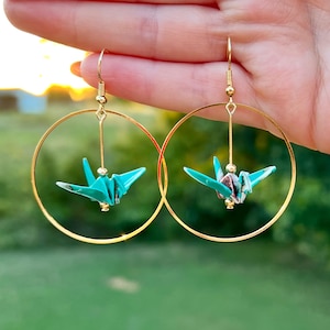 Origami Crane Hoop Dangle Earrings | Customizable Paper Crane Jewelry | Traditional Washi Paper Origami | Custom Holiday Gift Ideas