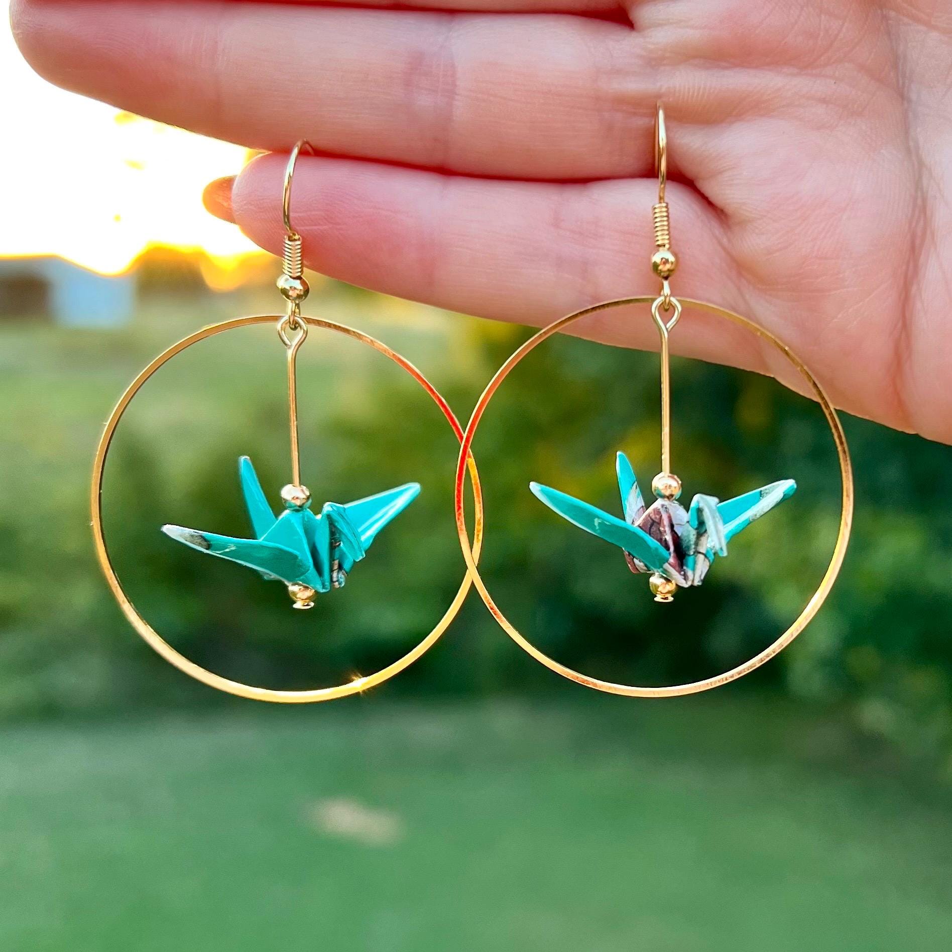 Origami Crane Hoop Dangle Earrings | Customizable Paper Crane