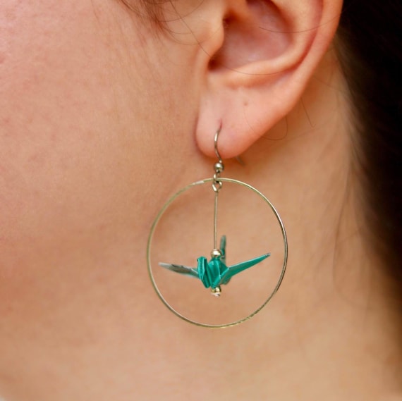 Origami Crane Hoop Dangle Earrings | Customizable Paper Crane