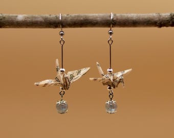 Custom Book Page Origami Crane Labradorite Earrings | Stainless Steel | Bookish Gifts for Librarians and Bookworms
