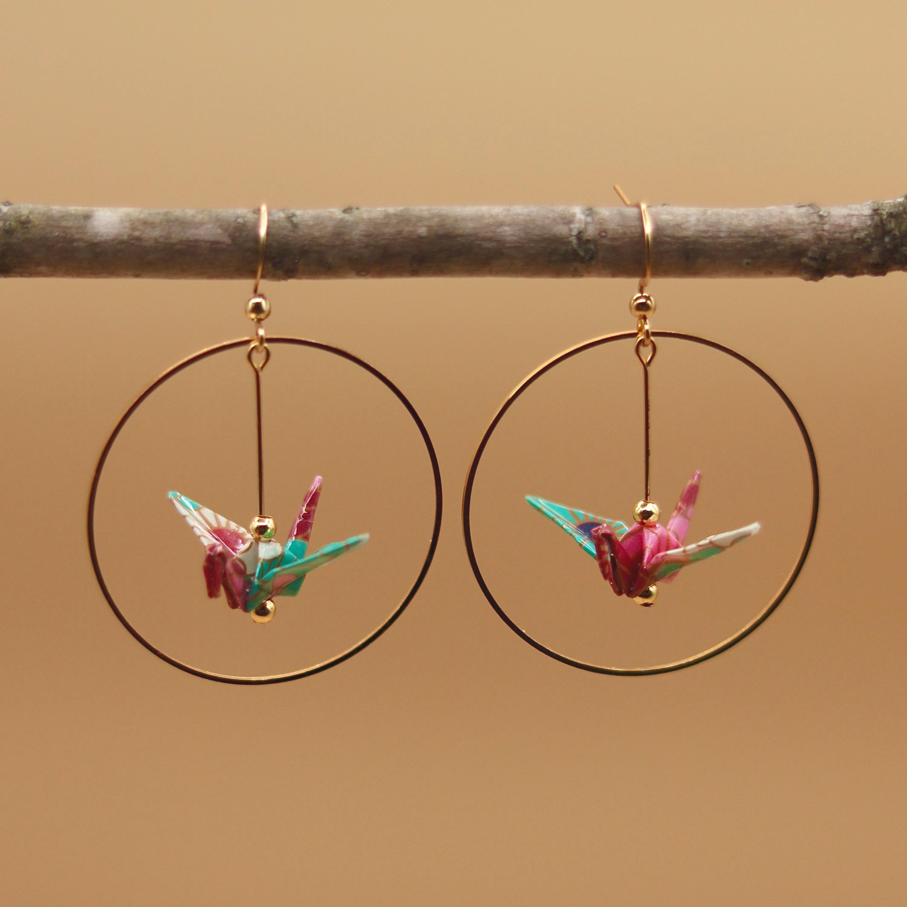 Origami Crane Hoop Dangle Earrings | Customizable Paper Crane
