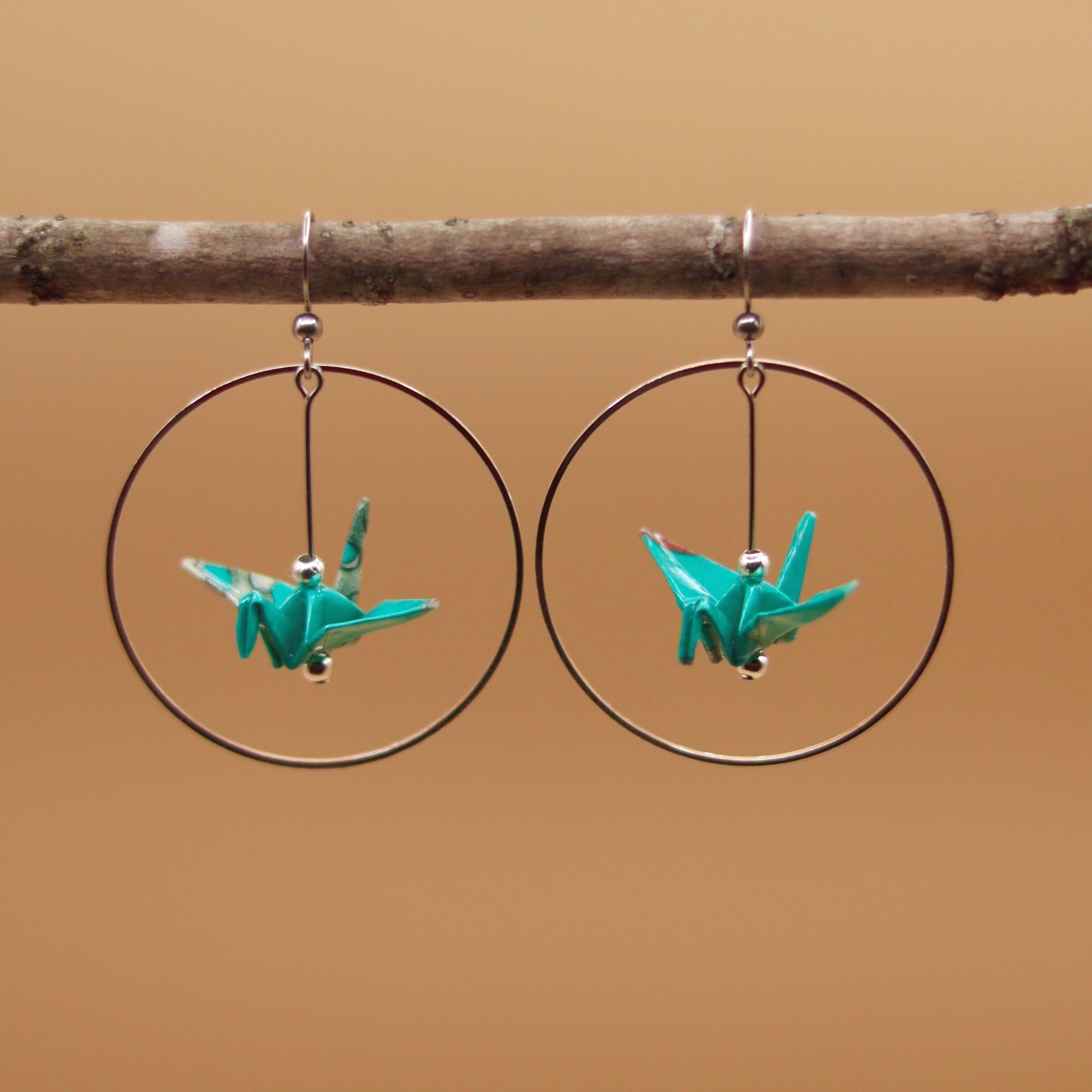 Origami Crane Hoop Dangle Earrings | Customizable Paper Crane