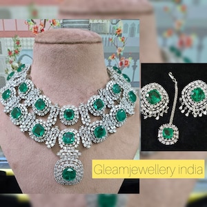 Green American diamond CZ necklace set,wedding jewelry,bollywood jewelry,indian jewelry,pakistani jewelry,cz jewelry,desi jewelry