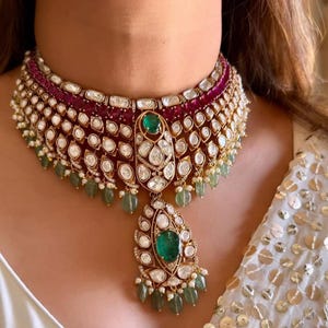 Gulaal Emerald doublet ruby moissanite polki mint drop necklace /kundan choker/kundan jewellery