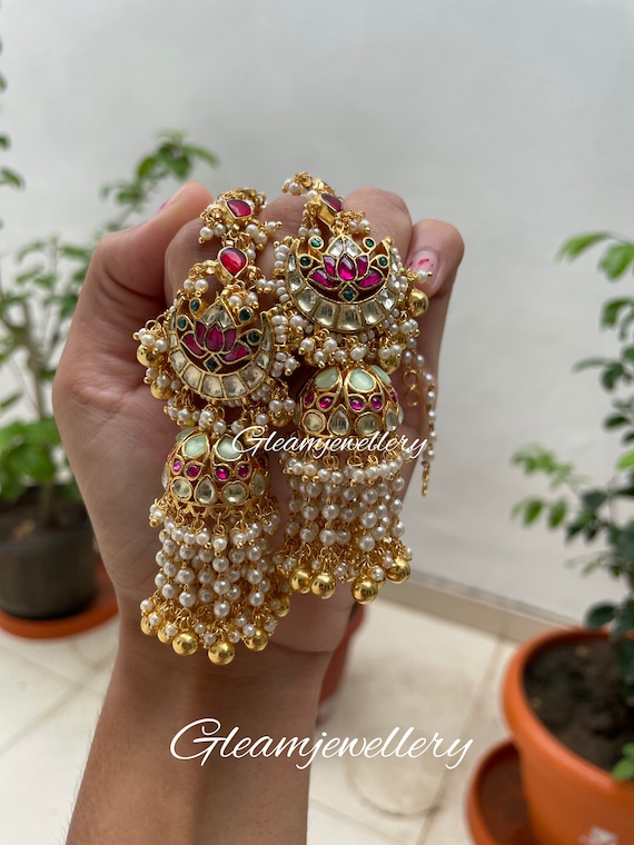 Mint Twist Jhumka With Ear Chain Etsy Ireland