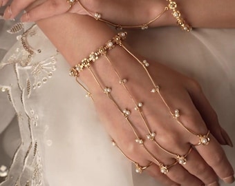 Gold Plated Pearl Hand Harness - Handcrafted Hathphool