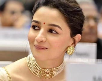 Alia bhatt inspired Gold Plated Kundan choker Set, Handmade Indian Jewelry,pearl necklace