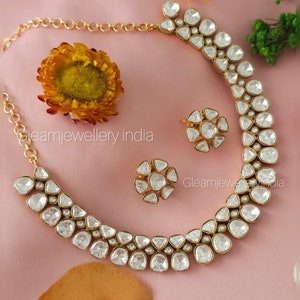 Moissanite Polki Gold Plated Necklace Set | Indian Wedding Jewelry | Kundan Jewelry | Kundan Necklace Set | Polki Necklace Set |