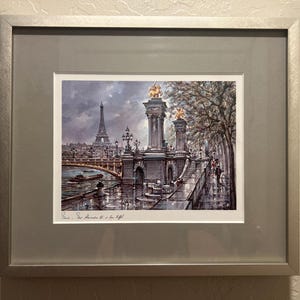 Ponte Pont Alexander Vintage Souvenir Postcard de Paris Reprodução de pintura do artista Jacques Chardon Matted e emoldurado