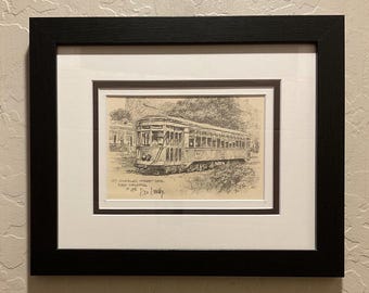 Don Davey St Charles Street Car New Orleans 1976 Print of a Drawing Triple Matted