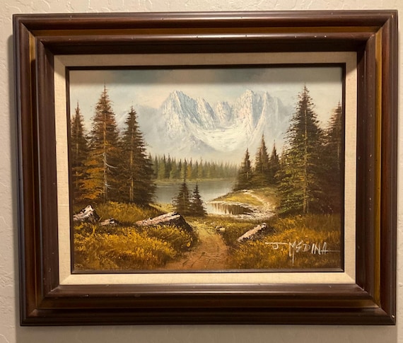 Vintage Original Oil Painting by Artist J. Medina Snowy Mountains