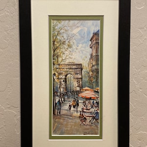Tarjeta de recuerdo de arte vintage de París, década de 1980, reproducción de pintura de Delarue con doble paspartú y marco.