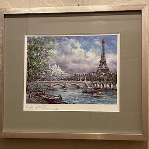 Carte postale vintage souvenir représentant la tour Eiffel de Paris, peinture de l'artiste Jacques Chardon, passepoilée et encadrée, prête à accrocher