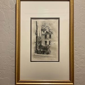 Vintage Authentic Eugene Veder Original Etching Pencil Signed of Paris Street Scene Two Lions Hotel Double Matted and Framed in Golden Frame