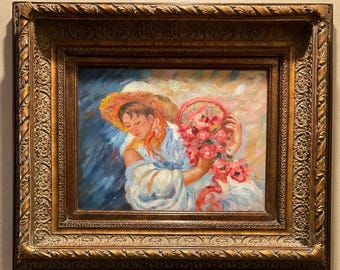 Vintage Original Oil Painting of Girl With Basket of Flowers Framed