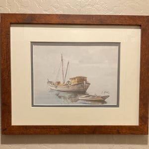 Framed Fishing Boat Watercolor Painting: Signed Nautical Art