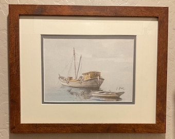 オリジナル水彩画「係留中のはしけ、チズウィック」、ジョージ・ゴッド