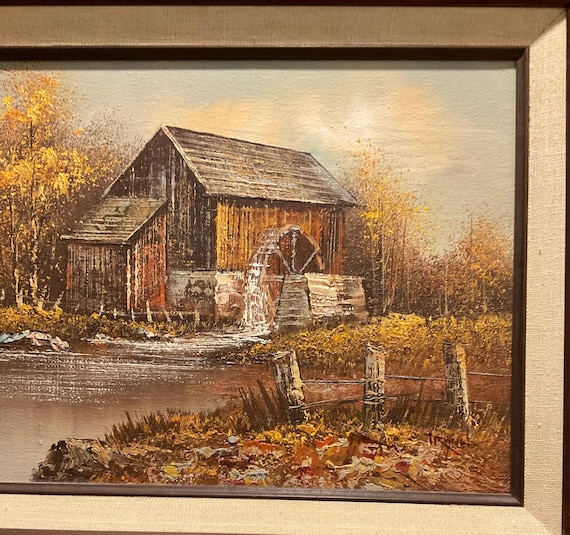 Vintage Original Oil Painting of Old Barn and Water Wheel in