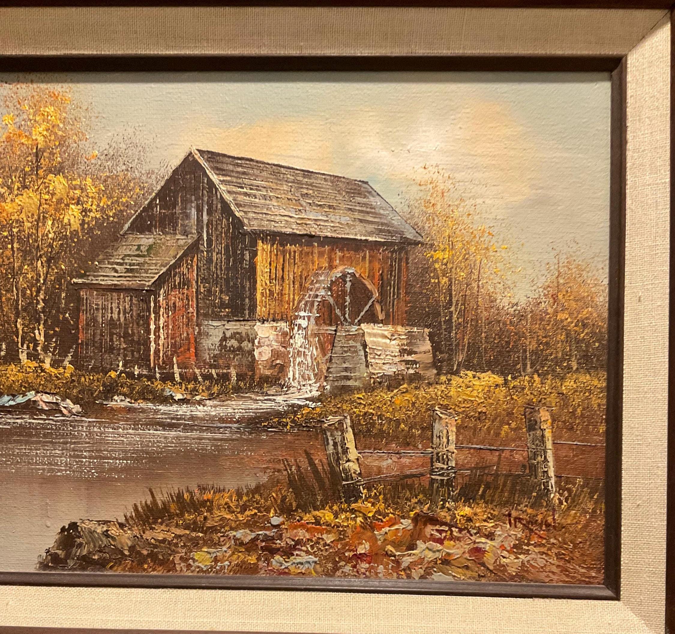 Vintage Original Oil Painting of Old Barn and Water Wheel in