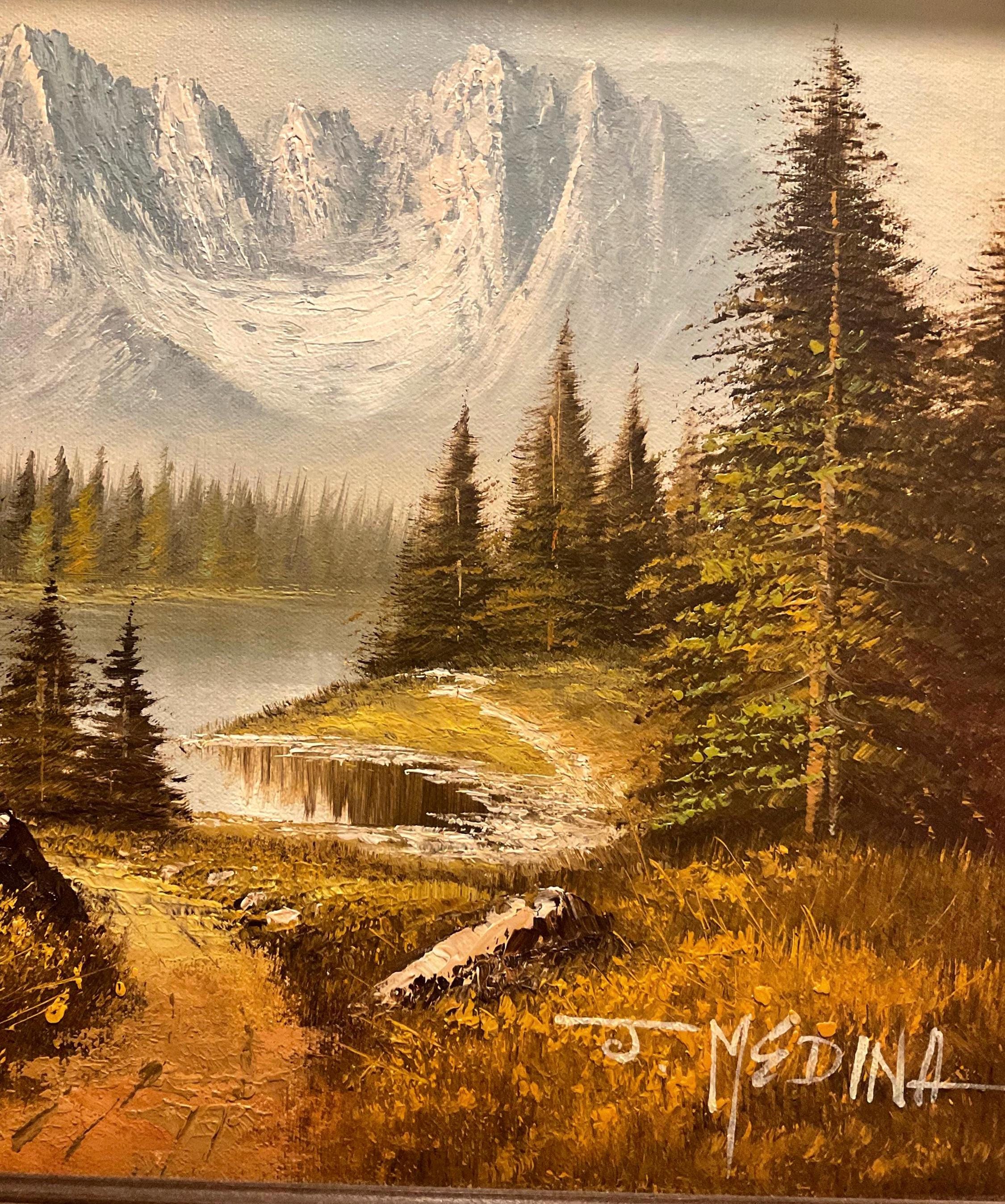 Vintage Original Oil Painting by Artist J. Medina Snowy Mountains