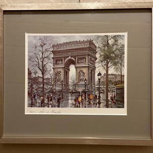 Cartão postal vintage de lembrança Paris Arco do Triunfo reprodução de pintura do artista Jacques Chardon emoldurado e emoldurado