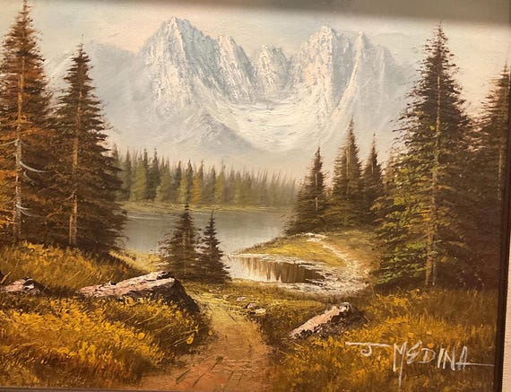 Vintage Original Oil Painting by Artist J. Medina Snowy Mountains
