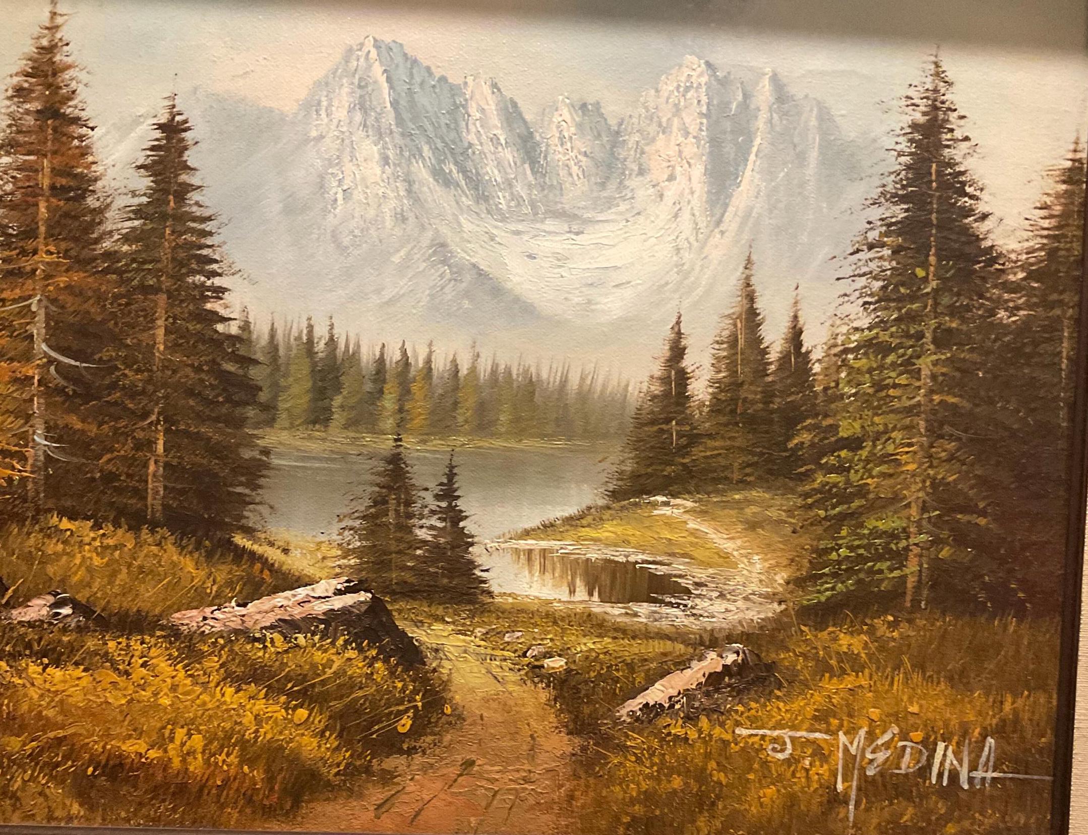 Vintage Original Oil Painting by Artist J. Medina Snowy Mountains