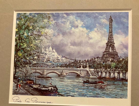 Vintage Eiffel Tower Painting Postcard by Jacques Chardon, Matted