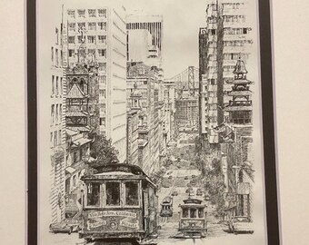 Don Davey San Francisco Cable Car Print - 1977 Framed Street Scene