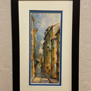 Zu Fuß durch Montmartre Vintage Souvenir Karte von 1980s Reproduktion eines Gemäldes von Künstler Delarue, Doppelpassepartout und Gerahmt