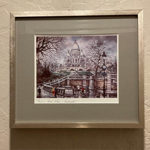 Cartão postal vintage de lembrança Sacre Coeur Montmartre Paris Pintura do artista Jacques Chardon com moldura e emoldurado