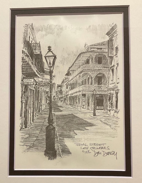 茶*様 50s ビンテージ額装ウォール街NY手書きアート 鉛筆画 作家物ブロカン ドン・デイヴィー作 ニューオーリンズ版画：ロイヤルストリート額装